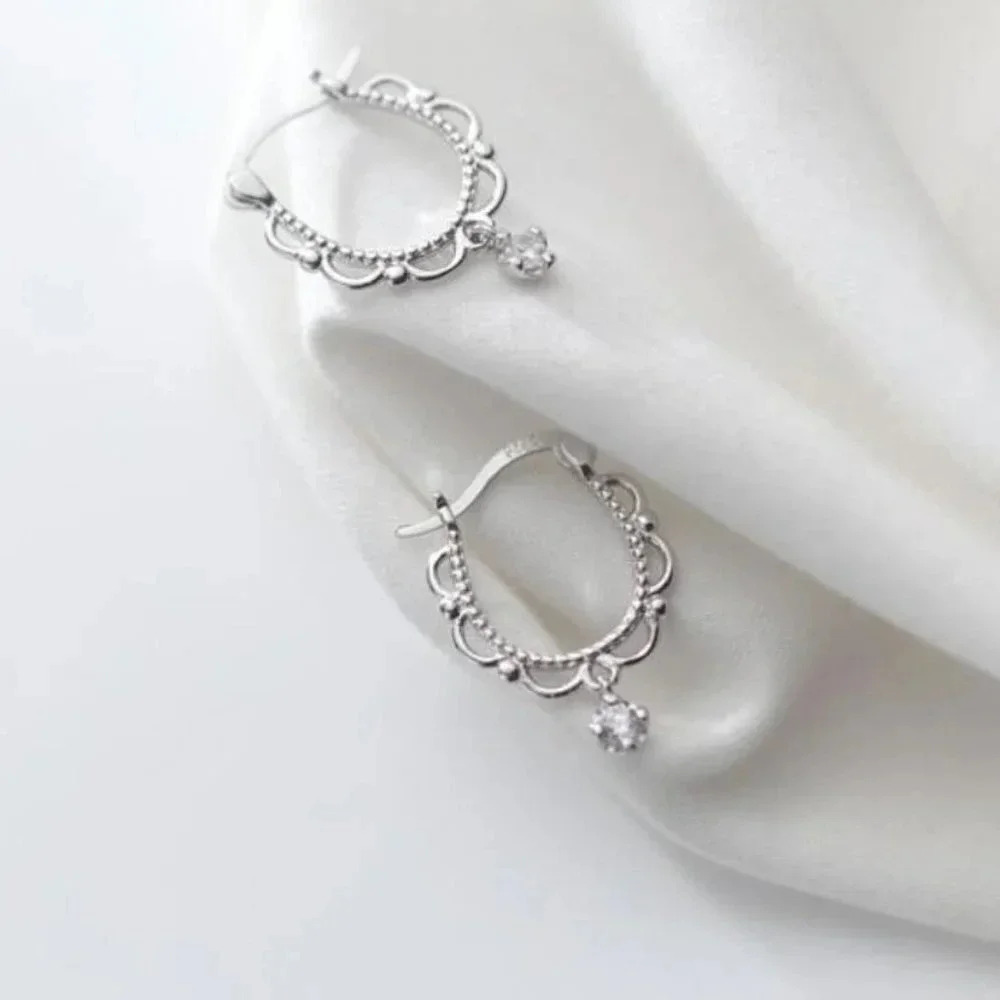 925 Sterling Silver Diamond Lace Huggie Earrings